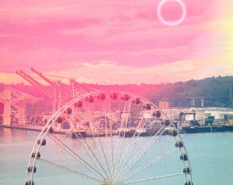 Seattle Wheel, photo art, aged, pink blue, dreamy, new age, Seattle, Washington, ocean city, wall art, home decor, water, beach city,