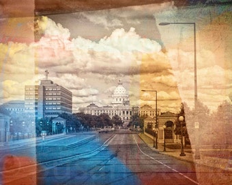 Minnesota Capital, Street view, warm tones, St Paul MN, digital Photo, wall art, home decor, Minnesota photo, state capital, colorful,