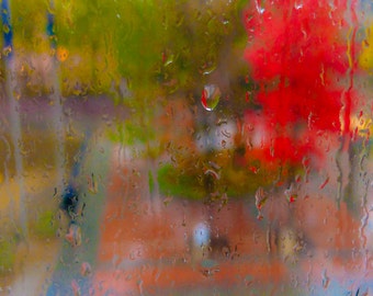 Rain on Glass, abstract photo, spring, wall art, home decor, office art, kitchen art, abstract, fall rain, red green, fall rain, fall colors