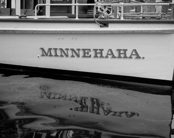 Lake Minnetonka photo, black and white, lake, Minnehaha reflections, Wayzata MN,  sepia photo, office art, wall art, Minnesota, boat reflect