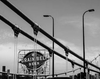 NEW, Grain Belt Beer sign, black and white, fine photo, Minneapolis,  wall art, home decor, Minnesota art, large wall art, urban, bridge art