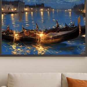 Impresión digital Noche estrellada / Arte mural de góndola veneciana / Decoración italiana inspirada en Van Gogh / Descarga de paisaje romántico nocturno de Venecia