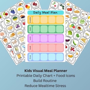 May include: A visual meal planner for children with a blue background. The planner features a "Daily Meal Plan" chart with sections for breakfast, snack, lunch, snack, and dinner. Cards with food icons surround the chart. The text reads: "Kids Visual Meal Planner".