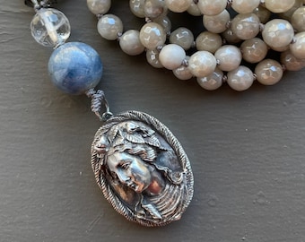 Antique Solid Silver Cameo pendant by Winograd on beads long necklace OOAK