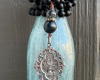 Gorgeous antique 1910 Sterling French Holy Eucharist Medal on Black Beads