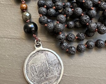 Notre Dame de Paris Long Beaded Necklace on Black Lava Beads