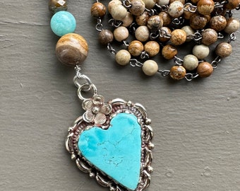 Turquoise Heart Long Beaded Jasper Necklace
