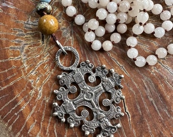 Antique Italian Silver Cross Long Beaded Necklace