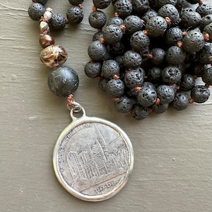 Notre Dame de Paris Long Beaded Necklace on Black Lava Beads image 1