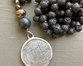 Notre Dame de Paris Long Beaded Necklace on Black Lava Beads
