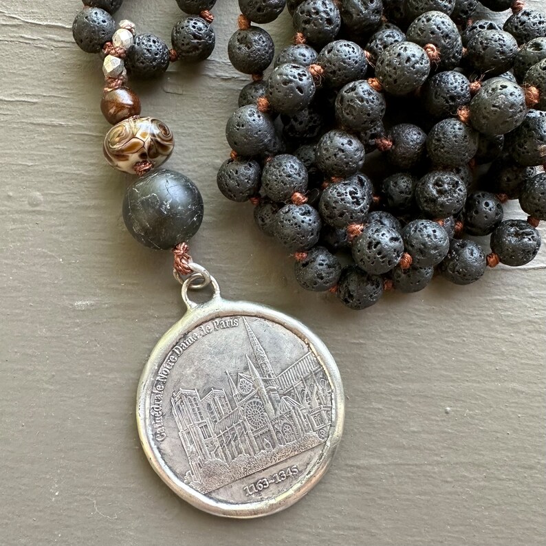 Notre Dame de Paris Long Beaded Necklace on Black Lava Beads image 1