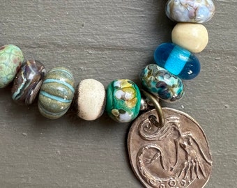 Mermaid One of a Kind Elastic Bracelet with Artisan Handblown Art glass and Pottery