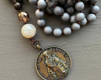 NOW 1/2 Our Lady of the Forsaken Antique medal on silver druzy long beaded necklace