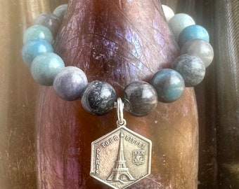 Sterling Eiffel Tower Charm on Gradiant Blue Beads Elastic Bracelet