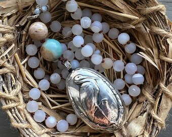 Antique Silver Stork Heron Bird Rattle Long Beaded Necklace