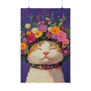 Cat Lovers Matte Vertical Posters, Cute Cat Wall Art, Colorful Cat Poster, Nice Cat with Flowers, Cat Decor Print, Cat Lady Gift