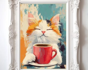 Impresión giclée de gato y café, arte de pared caprichoso para habitación infantil