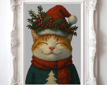 Whimsical Holiday Cat Wall Art | Cozy Winter Feline Print | Festive Santa Kitten Decoration Gift Idea | Cheerful Christmas Portrait Poster