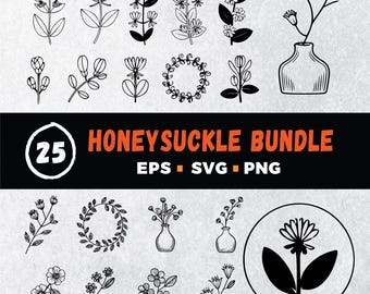 Kaprifolblomma SVG-paket: Botanisk linjeteckning, bröllopskrans (Cricut-filer)