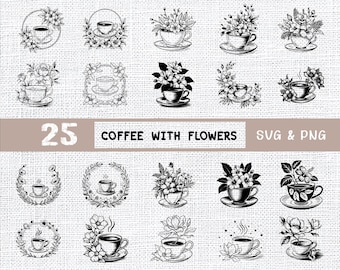 Floral Coffee SVG Bundle: Teacup Clipart, Cricut Cut Files (Digital Download)