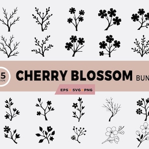 25 Pacchetto SVG PNG di fiori di ciliegio / Clipart di rami floreali, Cricut, Silhouette, Download istantaneo