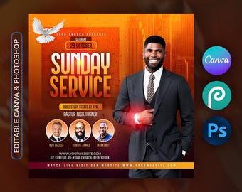 Sunday Service Flyer Template | Church Event, Bible Study & Pastor | Editable Canva and Photoshop (PSD)