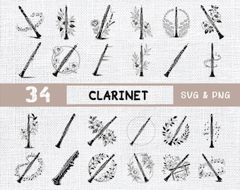 Clarinet SVG Bundle | Floral Clarinet Clipart PNG | Musical Instrument Silhouette Files for Cricut & Sublimation