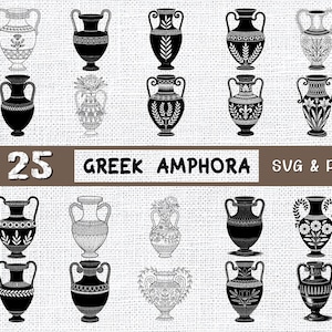 25 Griekse amfora SVG- en png-bundel, oud aardewerk clipart voor stickers, T-shirts, kunst aan de muur, vintage decor en historisch ambacht