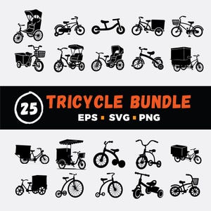 25 Tricycle SVG Bundle | Vintage Bicycle Silhouette Clipart | Cargo Delivery Bike EPS PNG | Kids Trike Cricut & Silhouette Cut Files