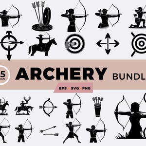 May include: A black and white archery bundle design with 25 designs. The designs include archers, bows, arrows, targets, and a person riding a horse. The text "ARCHERY BUNDLE" is displayed.