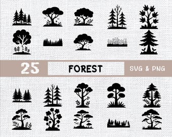 May include: A collection of 25 black forest-themed SVG and PNG graphics. The designs include various tree silhouettes, from detailed pine trees to stylized deciduous trees, and forest scenes. The word "FOREST" is displayed in the center.