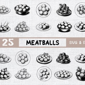 Pacote com 25 clipart de almôndegas | Alimentos desenhados à mão em SVG e PNG | Download digital para chefs, artesãos, cardápios e designs culinários
