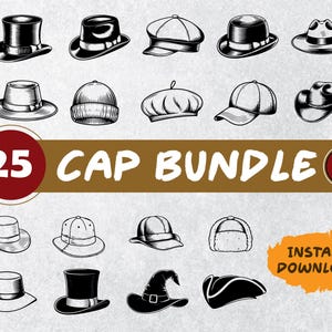 25 Hat Cap SVG PNG Bundle | Fedora, Beanie, Baseball & Witch Hat Clipart | Fashion Headwear Vector for Cricut, Sublimation