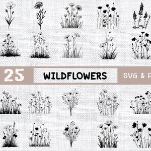 25 Wildflower Clipart Bundle | Ręcznie rysowane botaniczne SVG PNG | Znaczki z kwiatowymi liniami artystycznymi | Pobieranie cyfrowe dla Cricut i rzemiosła