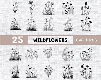 Wildflower Clipart Bundle: Hand-Drawn Floral Line Art (SVG, PNG Digital Download)