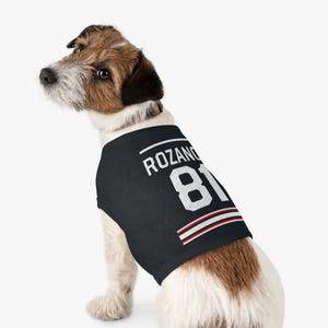 May include: A black dog shirt with the name "ROZANO" and the number "81" in white. The shirt has red and white stripes at the bottom. The dog is a Jack Russell Terrier mix.
