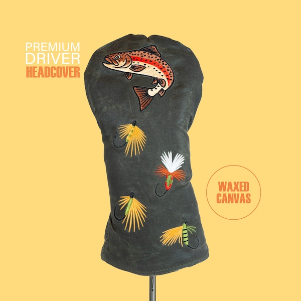 Golf Headcover | Fishing Design | Premium Waxed Canvas Driver Cover | Gift for Golfers Fishermen