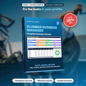 May include: A digital product box for Plumber Business Manager, an Excel and Google Sheets system. The cover features the text Fix the leaks in your profits, JS Digital Works, and a dashboard preview with financial data and charts.