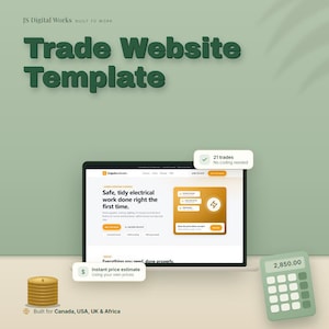 May include: A digital trade website template by JS Digital Works featuring a laptop screen displaying a Brightline Electric homepage, a calculator showing 2,850.00, a stack of gold coins, and pop-up text boxes for 21 trades and instant price estimates.