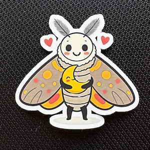 Moth Loves Moon Vinyl Sticker Die Cut Sticker Fun Moth Character Sticker