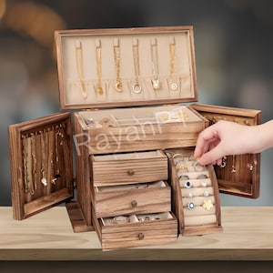 Rustic Wooden Jewelry Box: Farmhouse Style Organizer