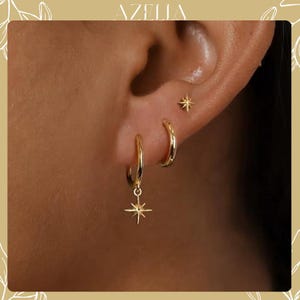 North Star Gold Hoop Earring Set – Minimalist Dangle & Stud Earrings for Women, Elegant Celestial Jewelry, Lightweight Daily Wear