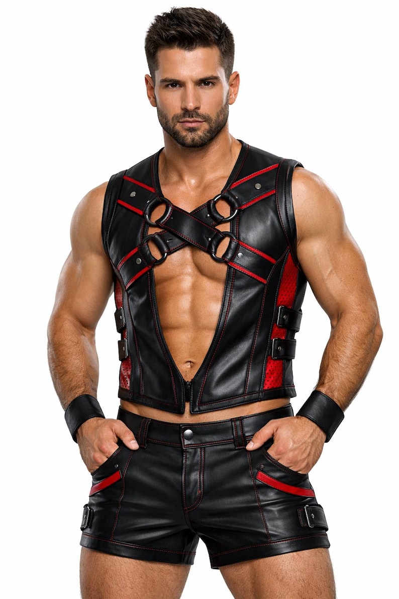 May include: Black leather vest with red accents, featuring a crisscross design with metal rings and a zipper closure. Matching black leather shorts with red trim and a buckle detail. Black wrist cuffs complete the ensemble.
