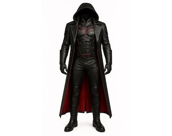 Disfraz de superhéroe con capucha negra / Traje de justiciero de cuero auténtico / Traje de cosplay de Halloween para hombre / Disfraz de héroe gótico