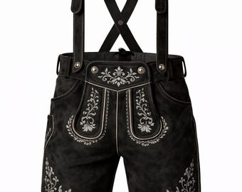 Black Real Leather Lederhosen – Men's Oktoberfest Trachten Shorts with Embroidery