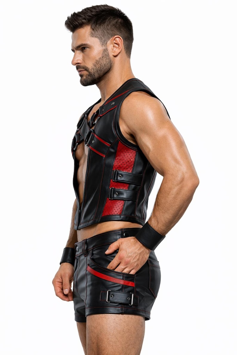 May include: Black leather vest with red accents, featuring a perforated panel and buckle details. Matching black leather shorts with red trim and buckle closures. A black leather wristband completes the ensemble.