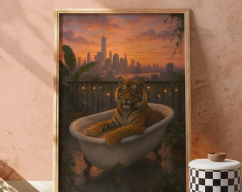 Impresión artística de un majestuoso tigre al atardecer: decoración urbana maximalista (descarga digital)