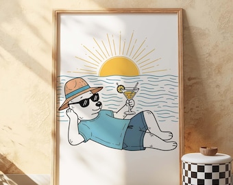 Retro Coastal Dog Cocktail Art Print: Summer Beach Decor (Digital Download