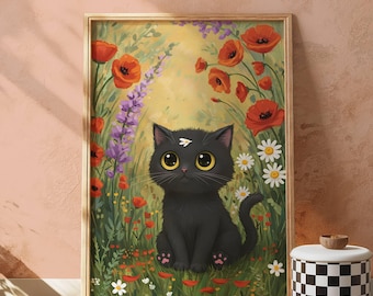 Lámina artística de un gato negro divertido: Gatito de jardín Monet, un regalo original para los amantes de los gatos (descarga digital)