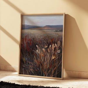 Moody Ember Field Landscape Wildflower Painting Wall Art Print for Living Room Decor, Vintage Rustic Dark Autumn Wall Art Digital Download
